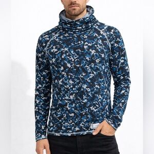 Snikwah Men’s XL Shark Print Cowl Neck Long Sleeve Stretch Pullover Shirt Surf